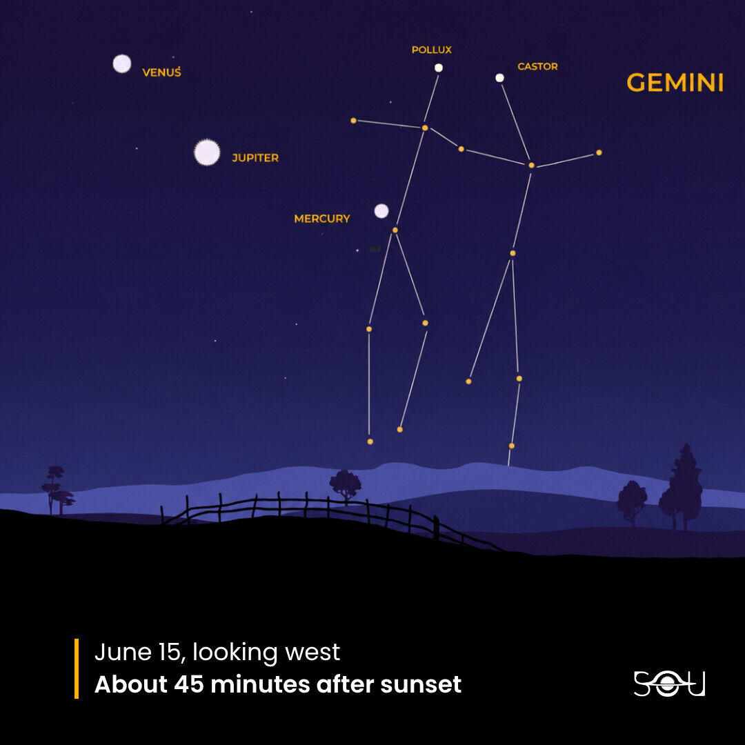 Mercury at greatest eastern elongation on June 15, 2026