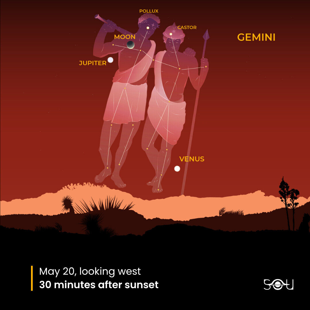 The Moon glides past Jupiter in Gemini on May 20, 2026