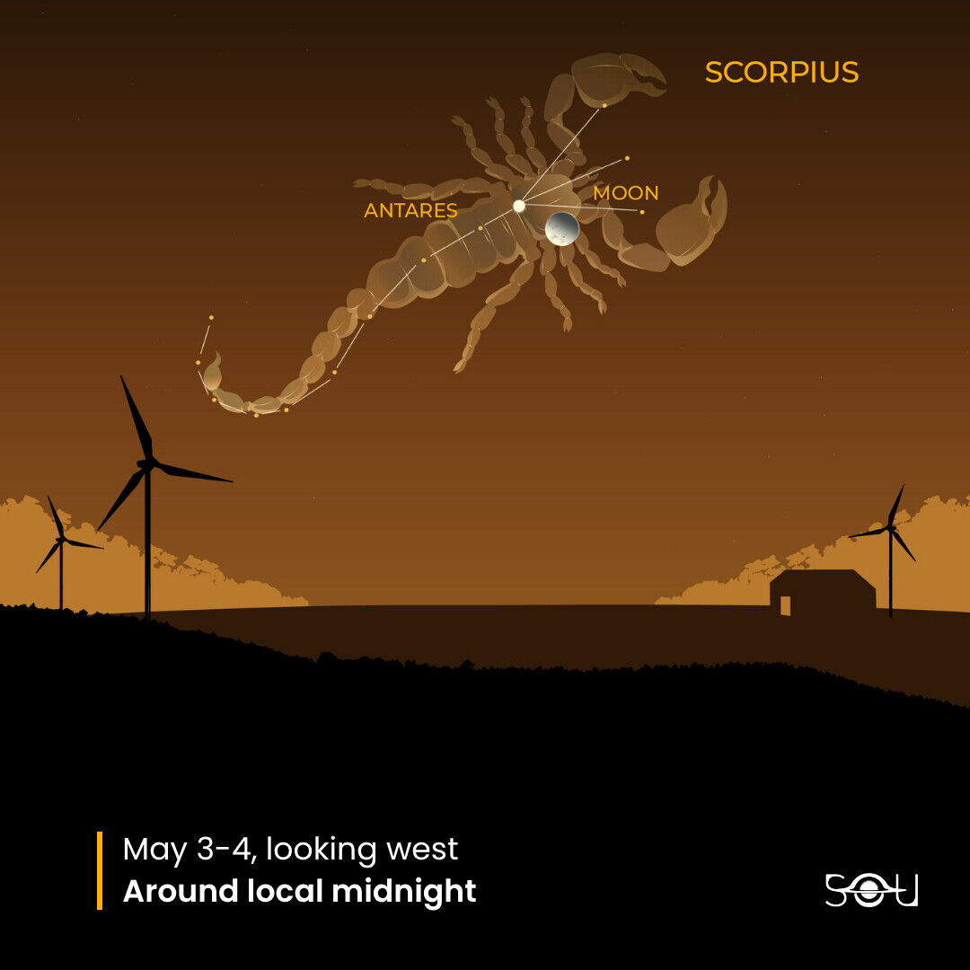 The Moon glides past Antares in Scorpius on May 3, 2026