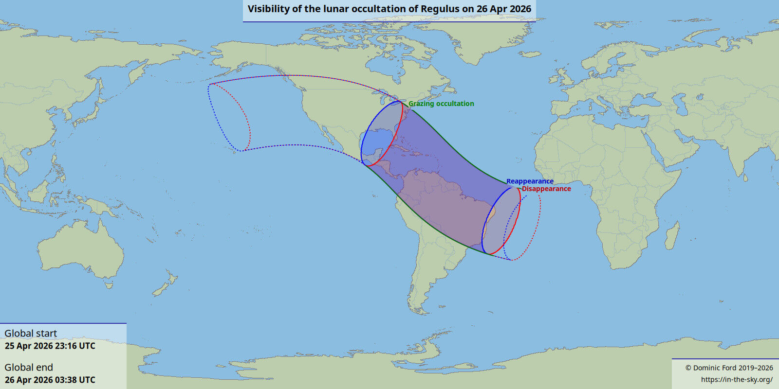 Map of lunar occultation of Regulus on April 26, 2026