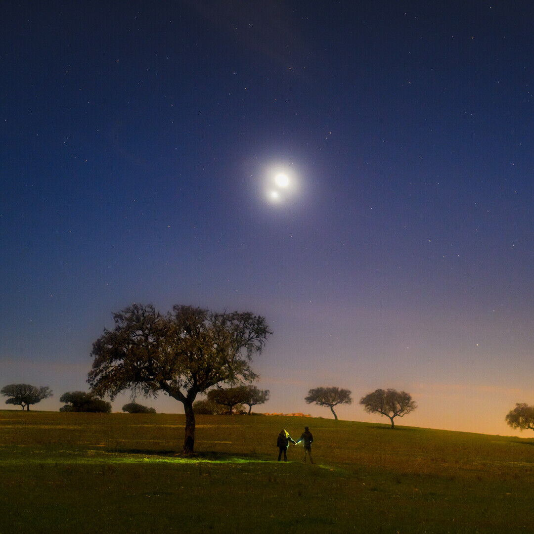 Moonlit scene showing Venus and Jupiter in conjunction at centre left. This was the closest that the two planets will come for viewers from Earth until 2039. Image taken in the Dark Sky Alqueva territory in Portugal.